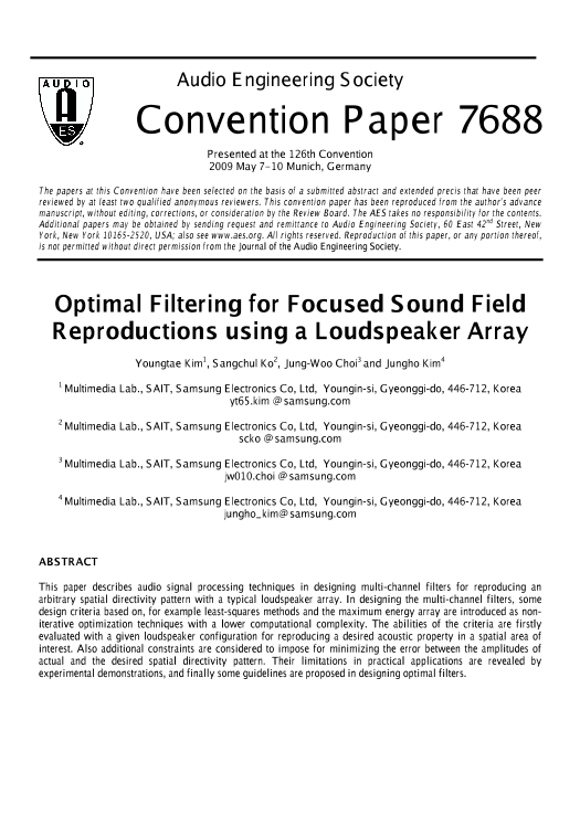 AES E Library Optimal Filtering For Focused Sound Field Reproductions