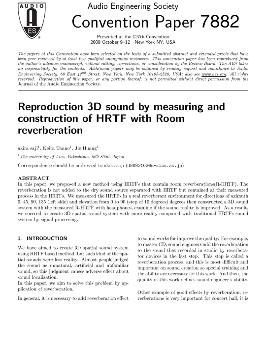 AES E Library Reproduction 3 D Sound By Measuring And Construction Of