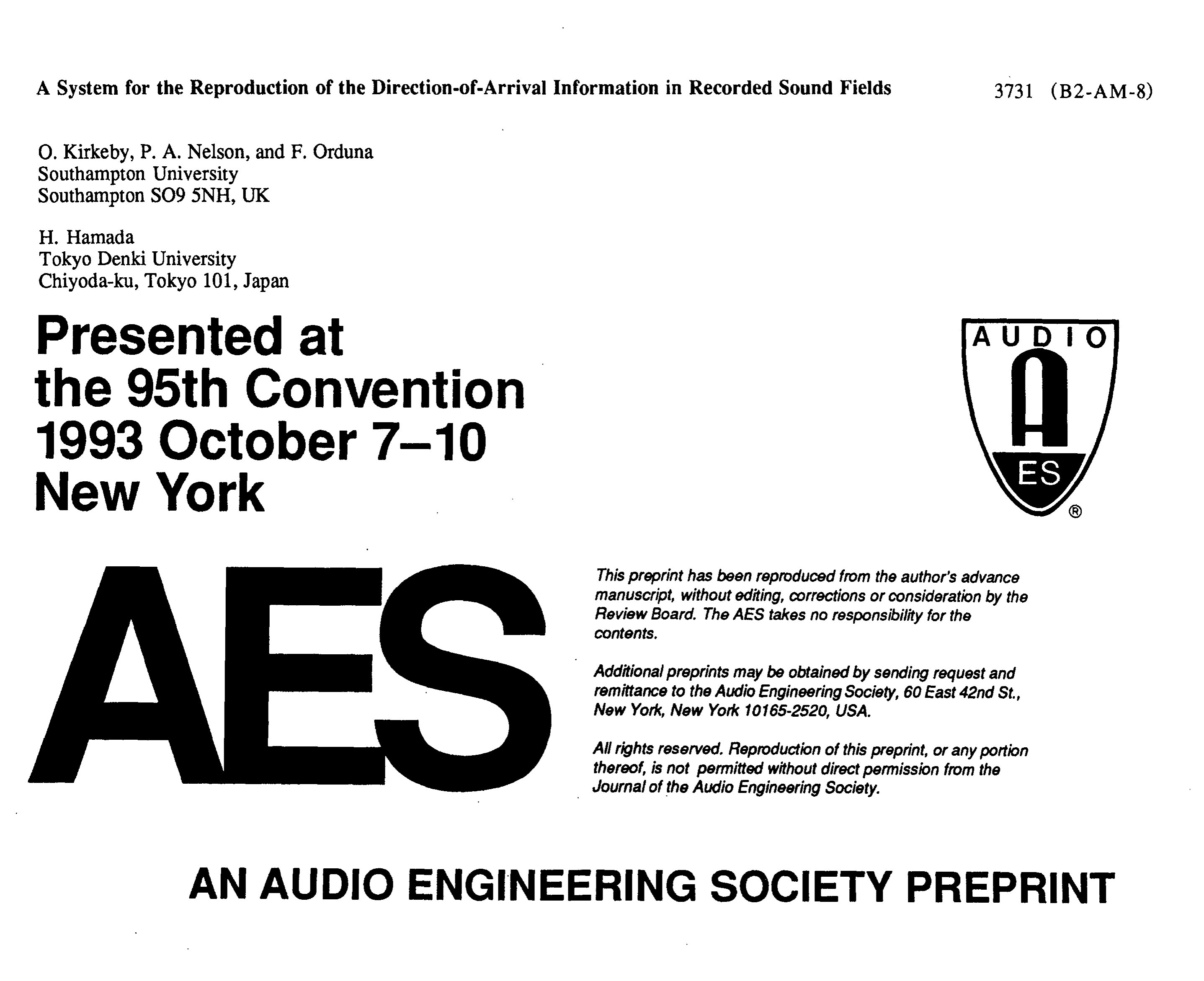 Aes E Library A System For The Reproduction Of The Direction Of