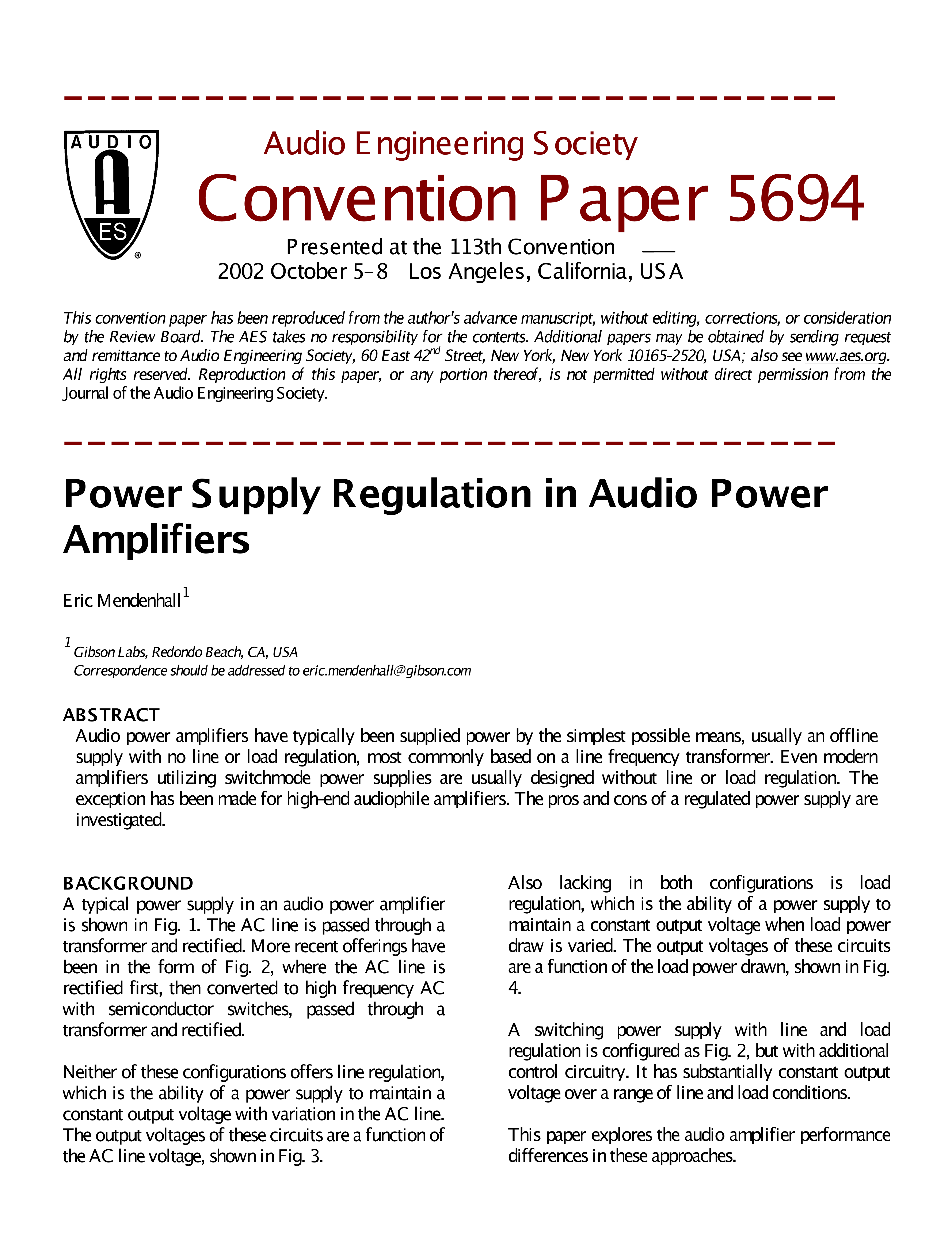 Aes E Library Power Supply Regulation In Audio Power Amplifiers