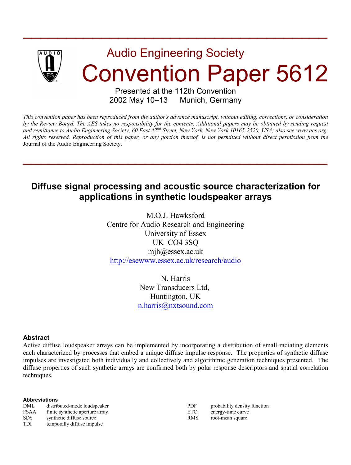 Aes E Library Diffuse Signal Processing And Acoustic Source
