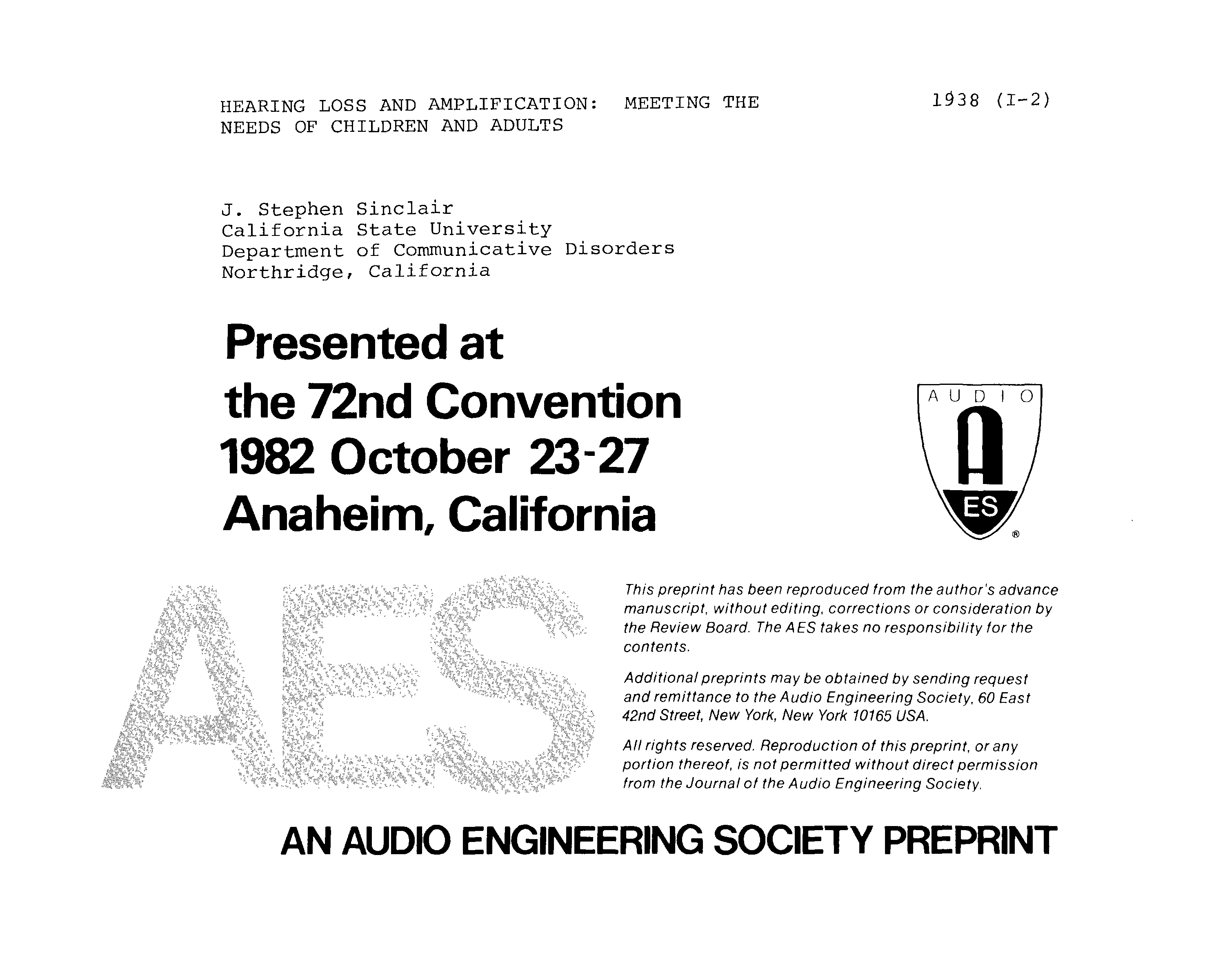AES ELibrary » Hearing Loss and Amplification Meeting the Needs of