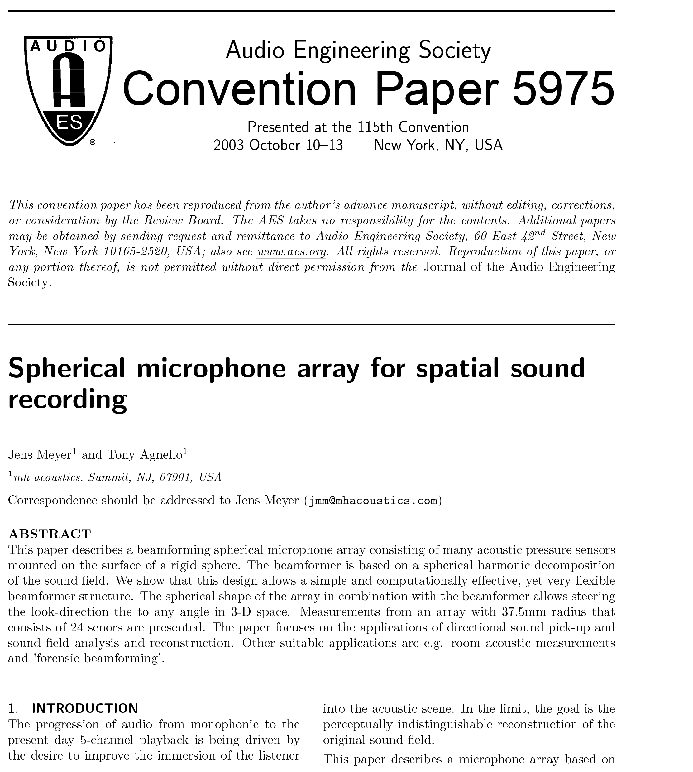 AES ELibrary » Spherical Microphone Array for Spatial Sound Recording