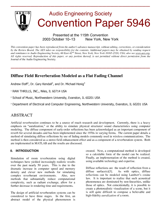 AES ELibrary » Diffuse Field Reverberation Modeled as a Flat Fading
