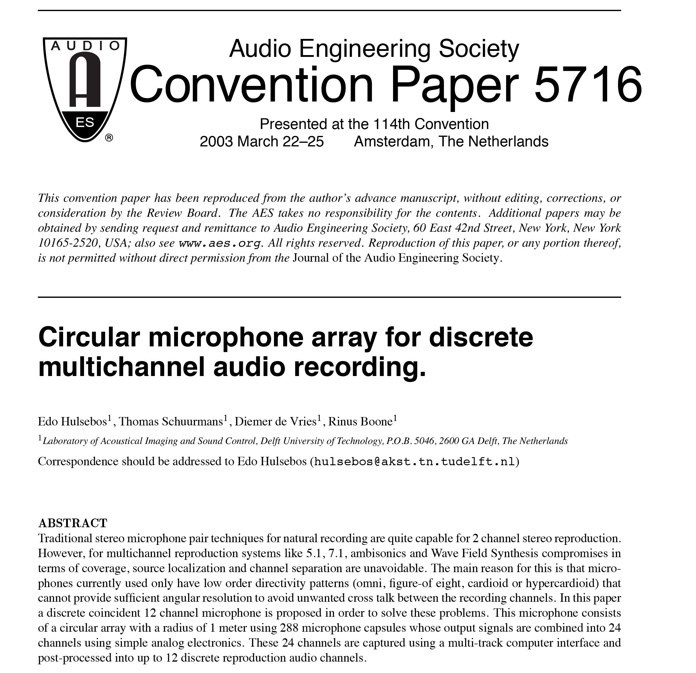 AES ELibrary » Circular Microphone Array for Discrete Multichannel