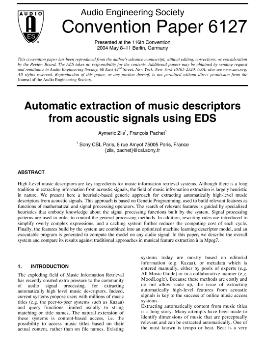 AES E-Library » Automatic Extraction of Music Descriptors from Acoustic ...