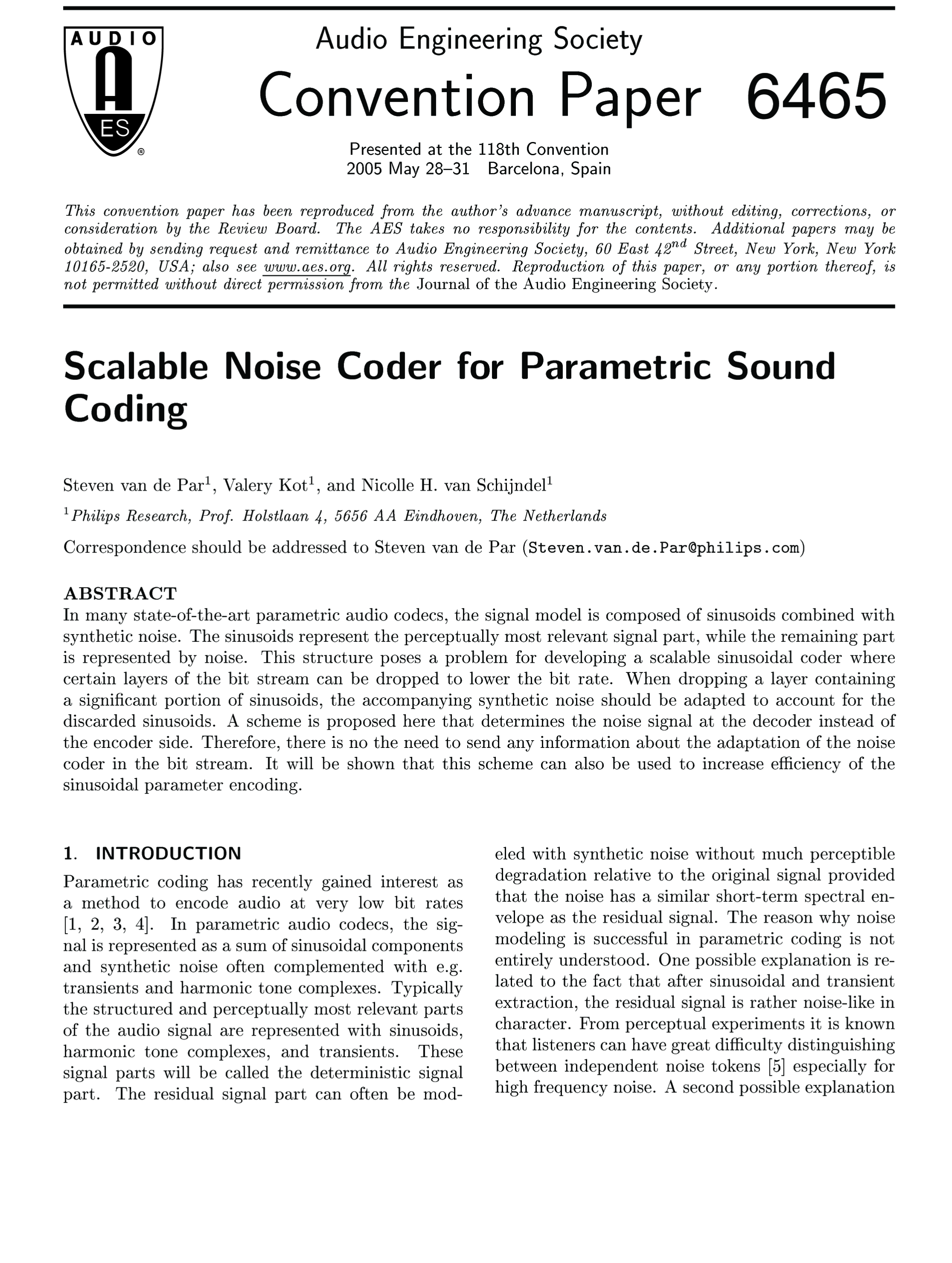 AES E-Library » Scalable Noise Coder for Parametric Sound Coding