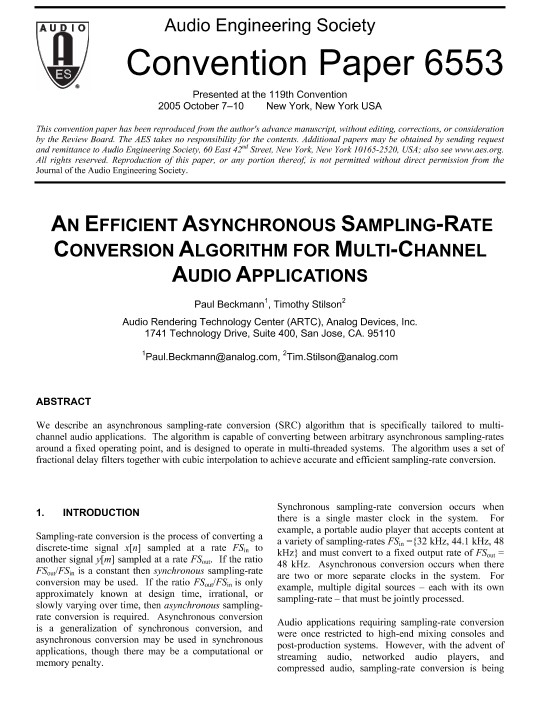 AES ELibrary » An Efficient Asynchronous SamplingRate Conversion