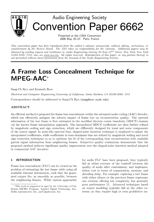 AES E-Library » A Frame Loss Concealment Technique for MPEG-AAC