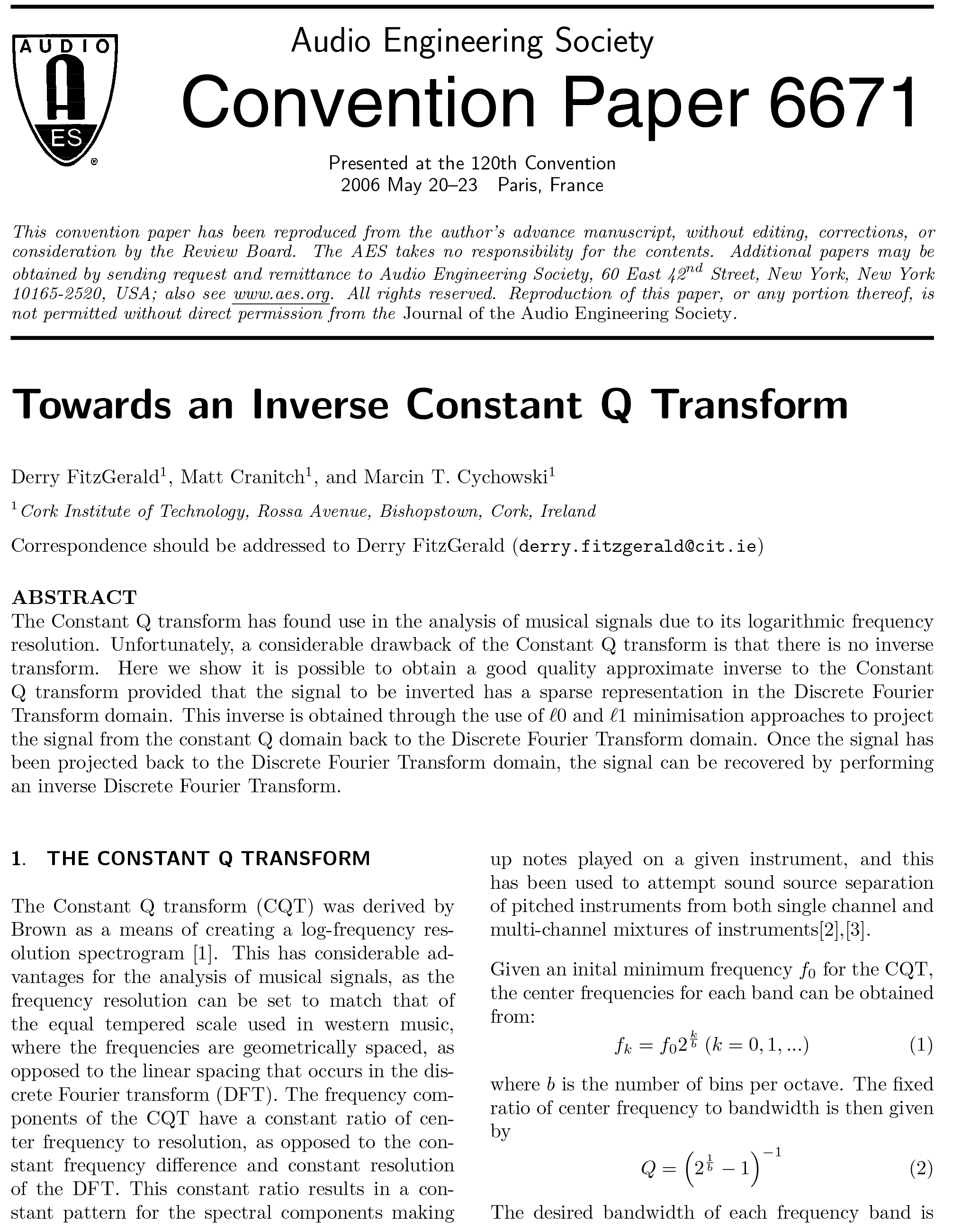 AES ELibrary » Towards an Inverse Constant Q Transform