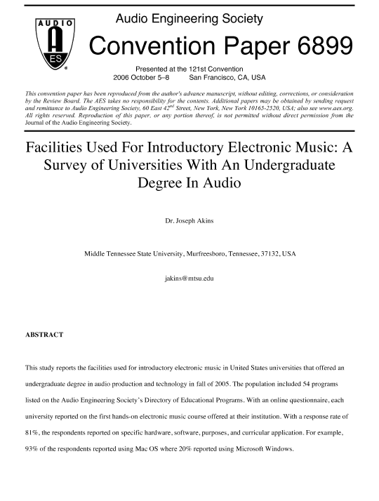 Aes E Library Facilities Used For Introductory Electronic Music