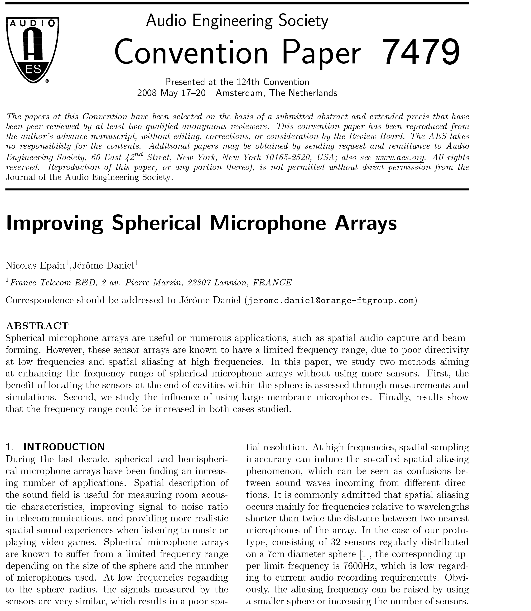 AES ELibrary » Improving Spherical Microphone Arrays