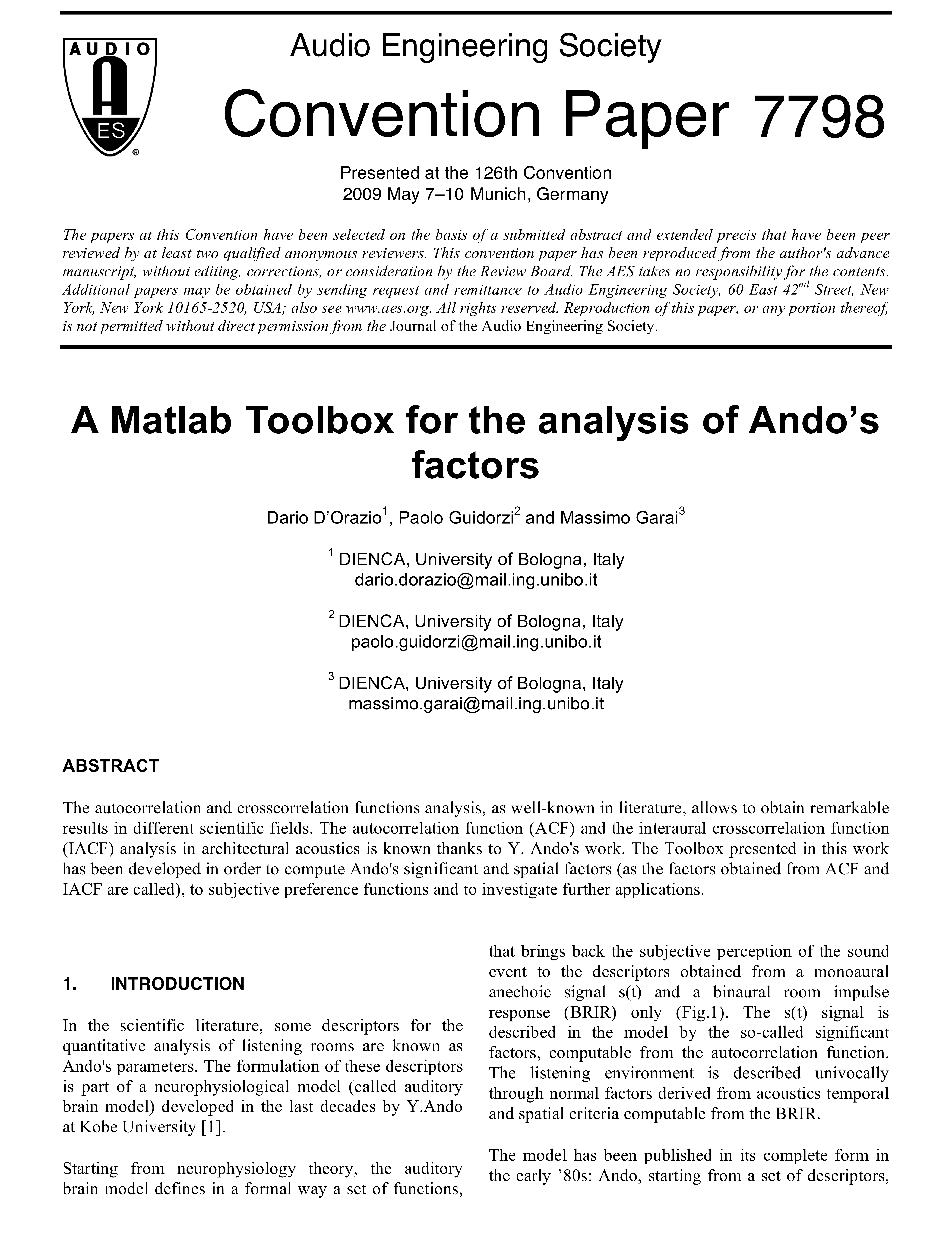 AES ELibrary » A Matlab Toolbox for the Analysis of Ando's Factors