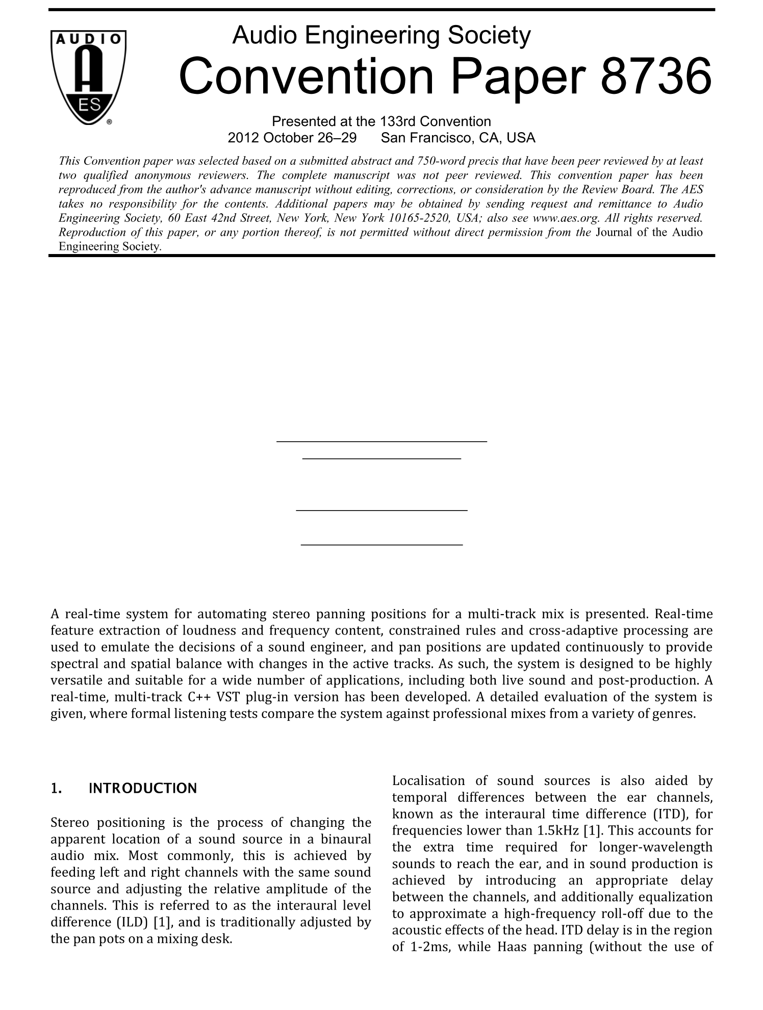 AES E-Library » An Autonomous System for Multitrack Stereo Pan