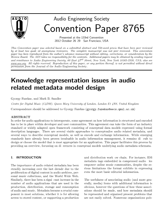 Aes E Library Knowledge Representation Issues In Audio - 