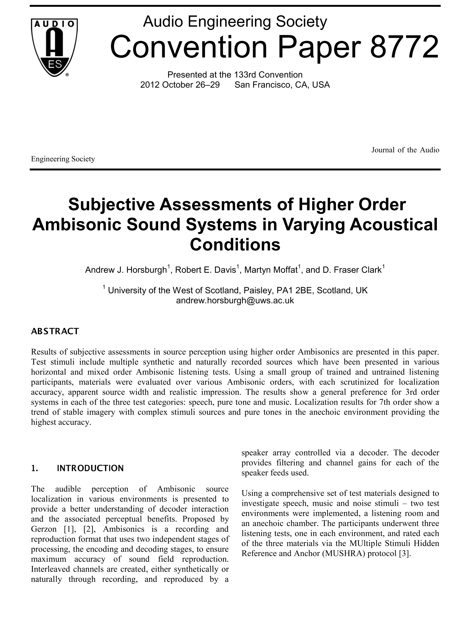 AES E-Library » Subjective Assessments of Higher Order Ambisonic Sound