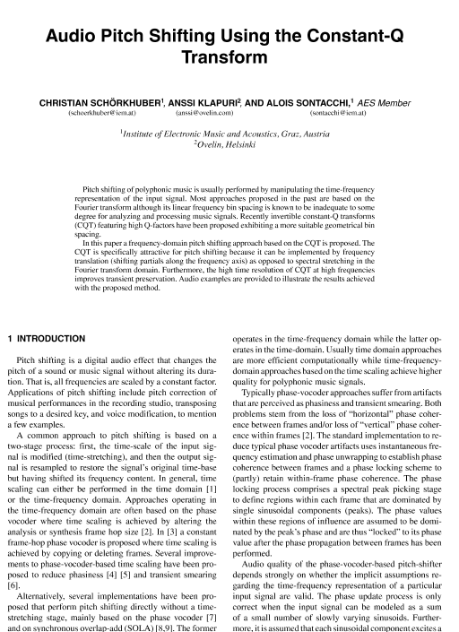 AES ELibrary » Audio Pitch Shifting Using the ConstantQ Transform