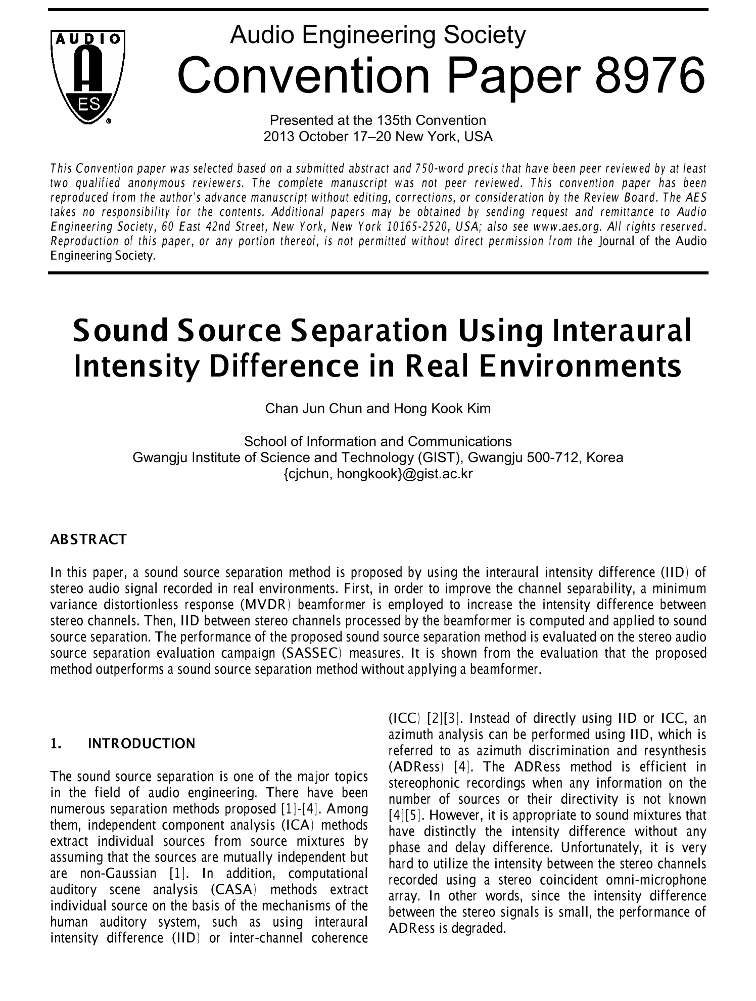 AES ELibrary » Sound Source Separation Using Interaural Intensity