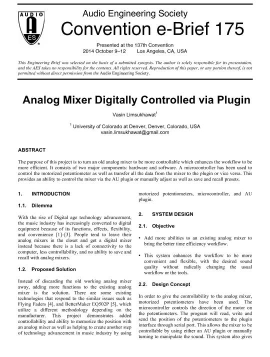 AES E-Library » Analog Mixer Digitally Controlled via Plugin