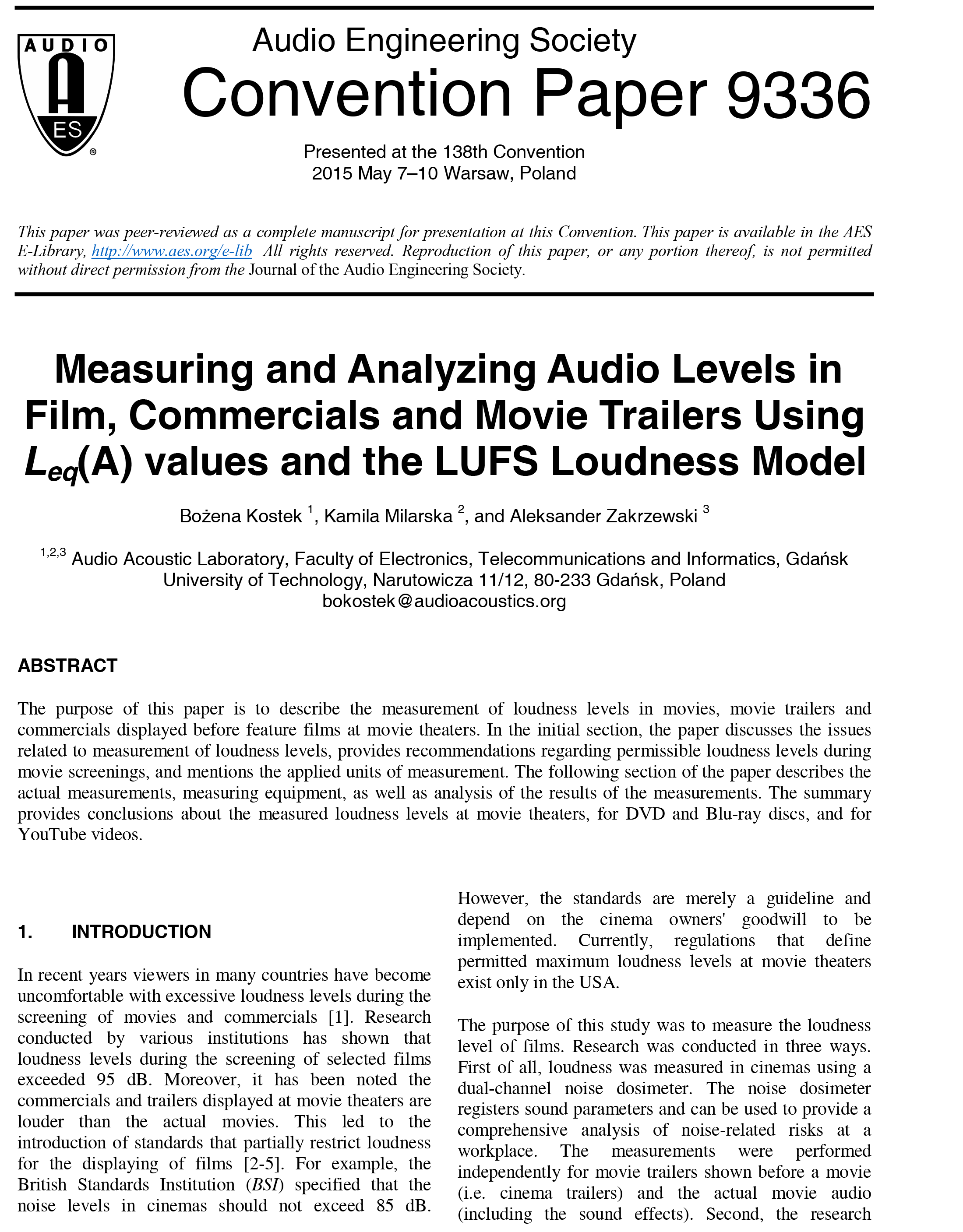 Aes E Library Measuring And Analyzing Audio Levels In Film - 