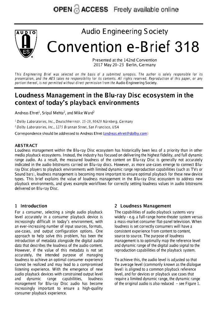 AES E-Library » Loudness Management in the Blu-ray Disc Ecosystem