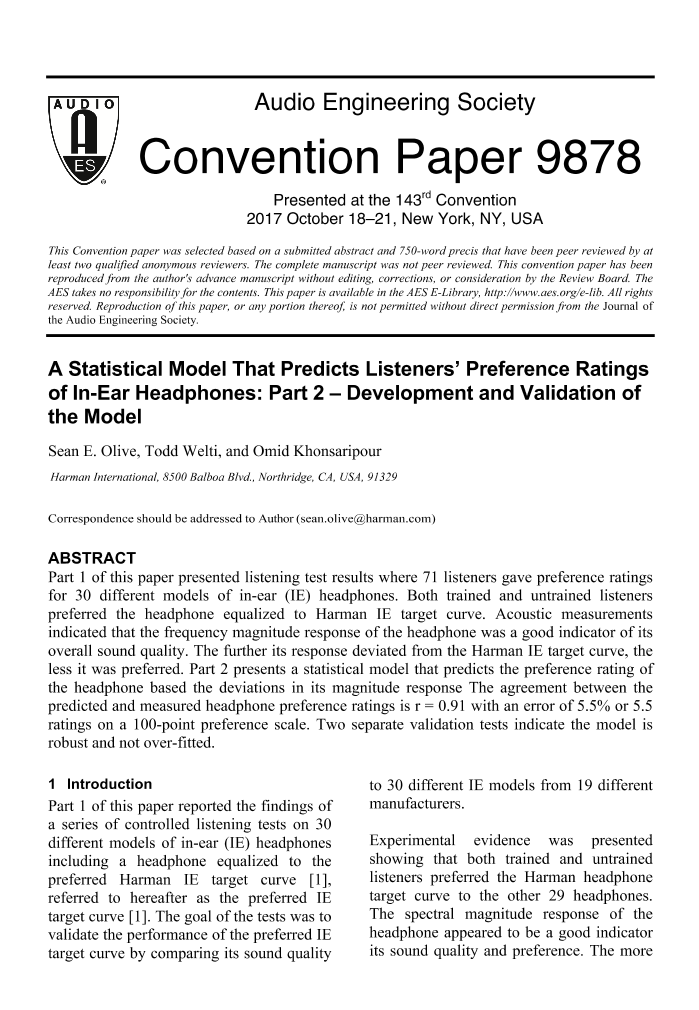 AES E-Library » A Statistical Model that Predicts Listeners' Preference Ratings of In-Ear Headphones: Part 2—Development and Validation of the Model