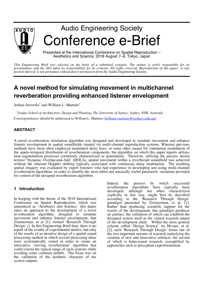 AES ELibrary » A Novel Method for Simulating Movement in Multichannel