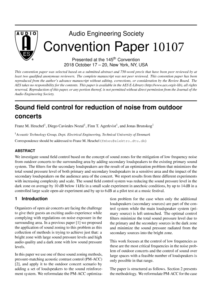 Aes E-library » Sound Field Control For Reduction Of Noise From Outdoor 