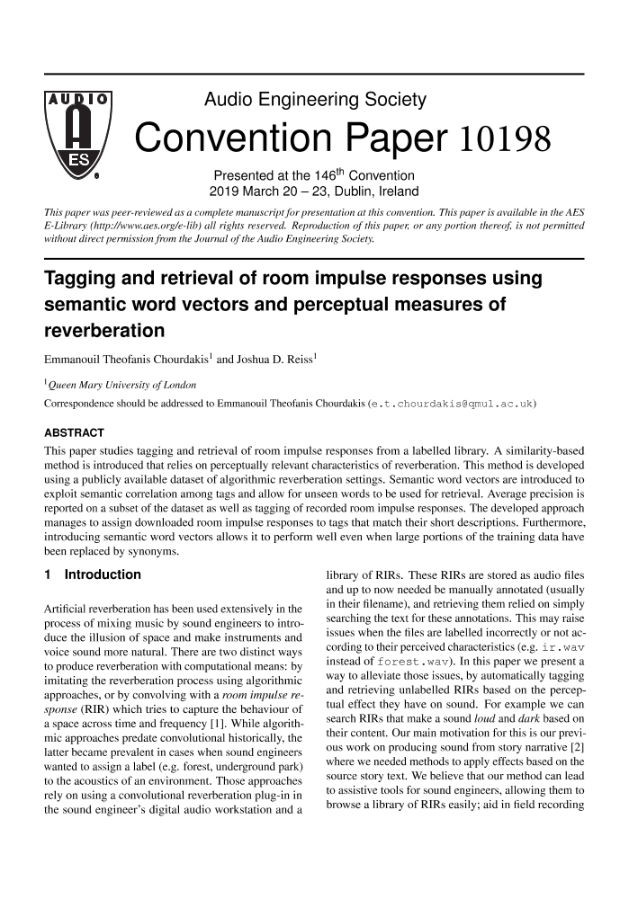 AES ELibrary » Tagging and Retrieval of Room Impulse Responses Using