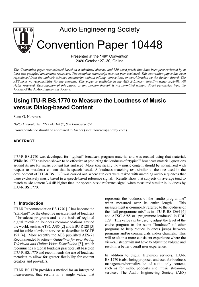 AES E-Library » Using ITU-R BS.1770 to Measure the Loudness of Music ...