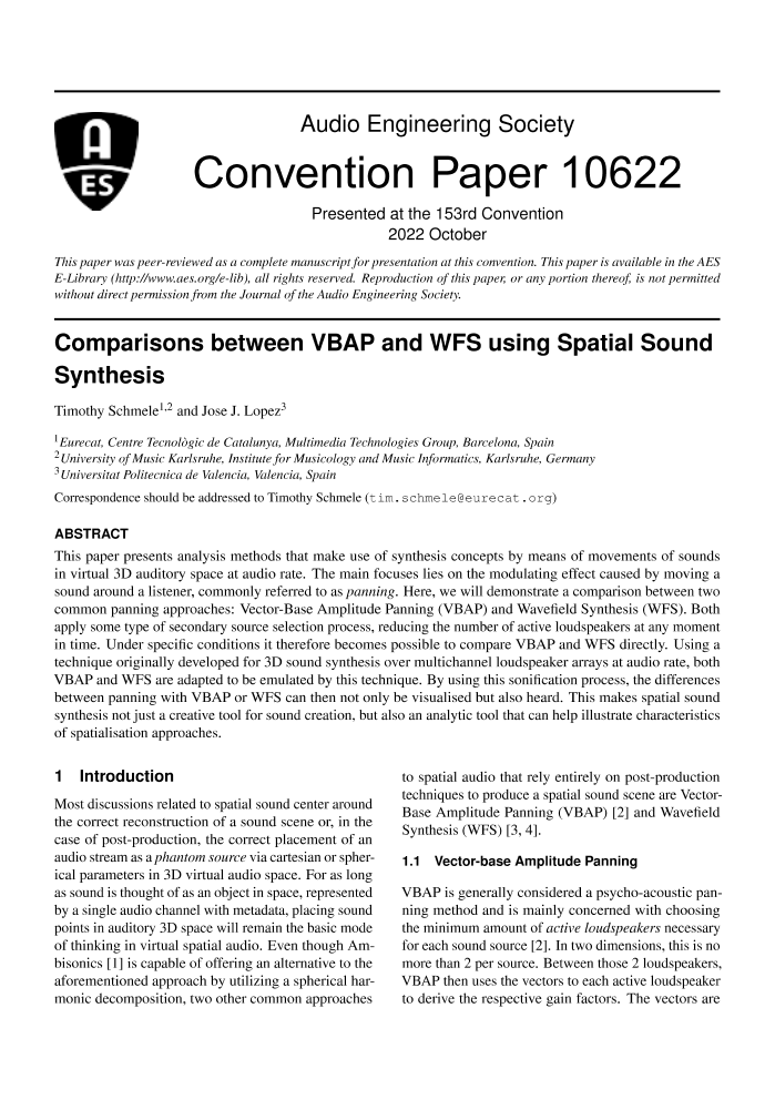 Aes E Library Comparisons Between Vbap And Wfs Using Spatial Sound