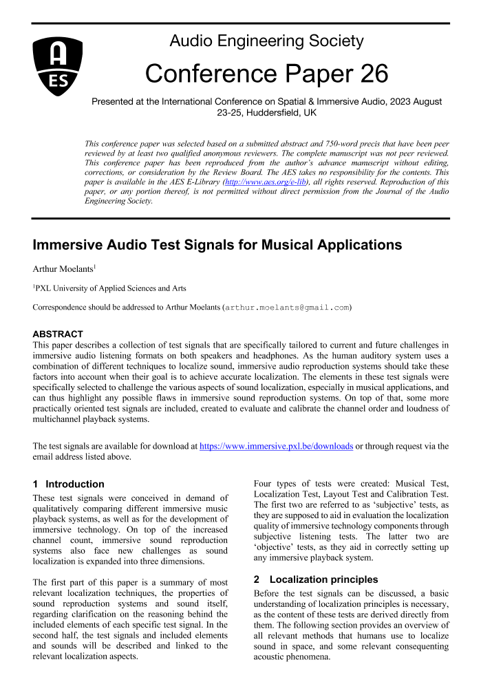 AES ELibrary » Immersive Audio Test Signals for Musical Applications