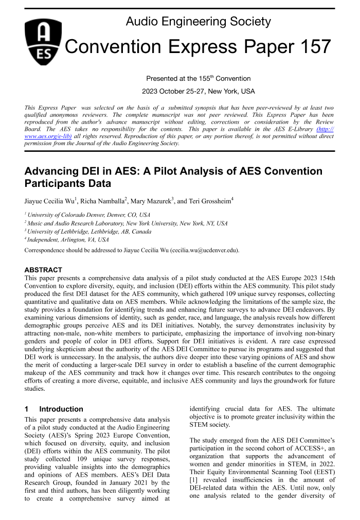 AES ELibrary » Advancing DEI in AES A Pilot Analysis of AES