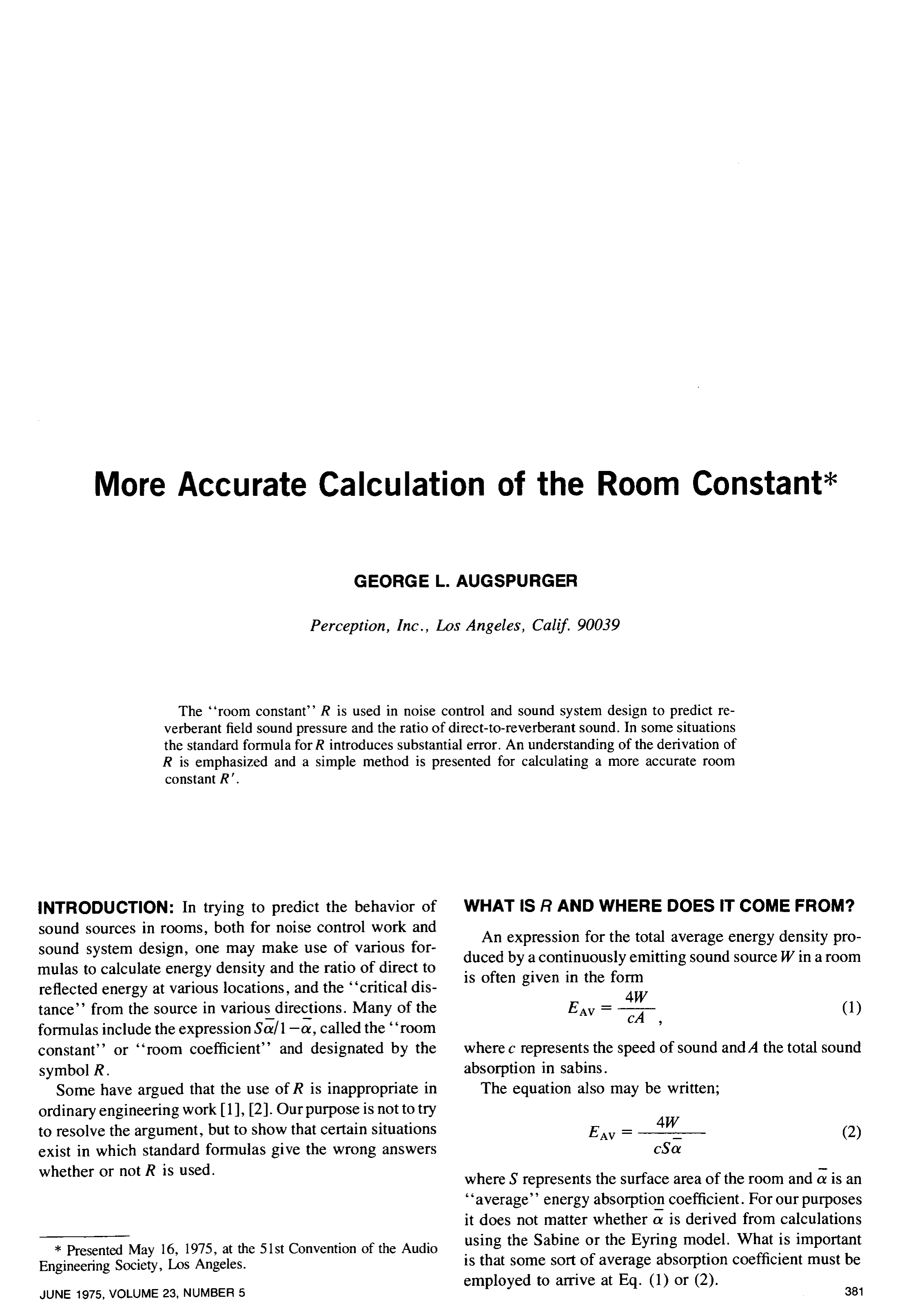 AES ELibrary » More Accurate Calculation of the Room Constant