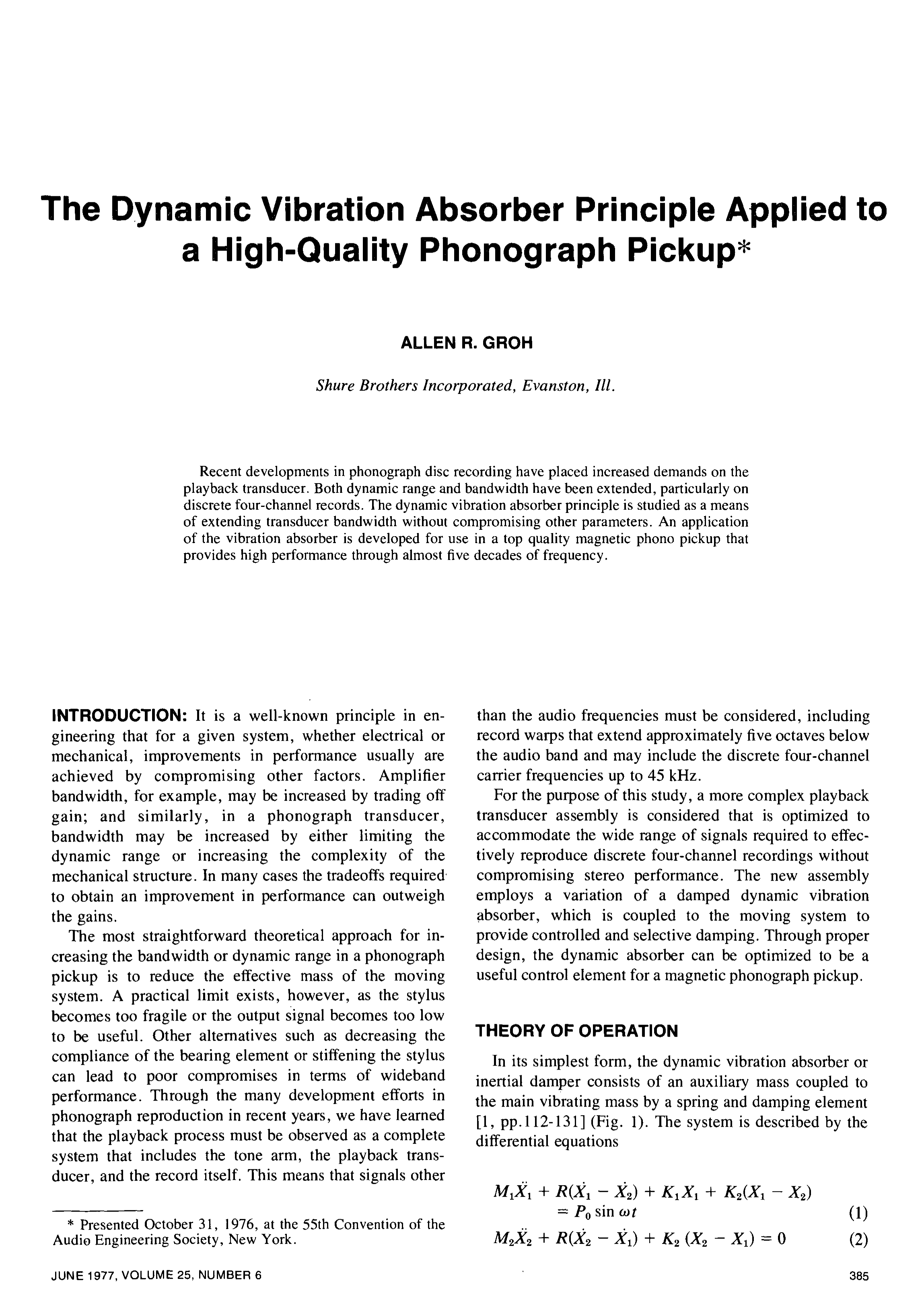 AES ELibrary » The Dynamic Vibration Absorber Principle, Applied to