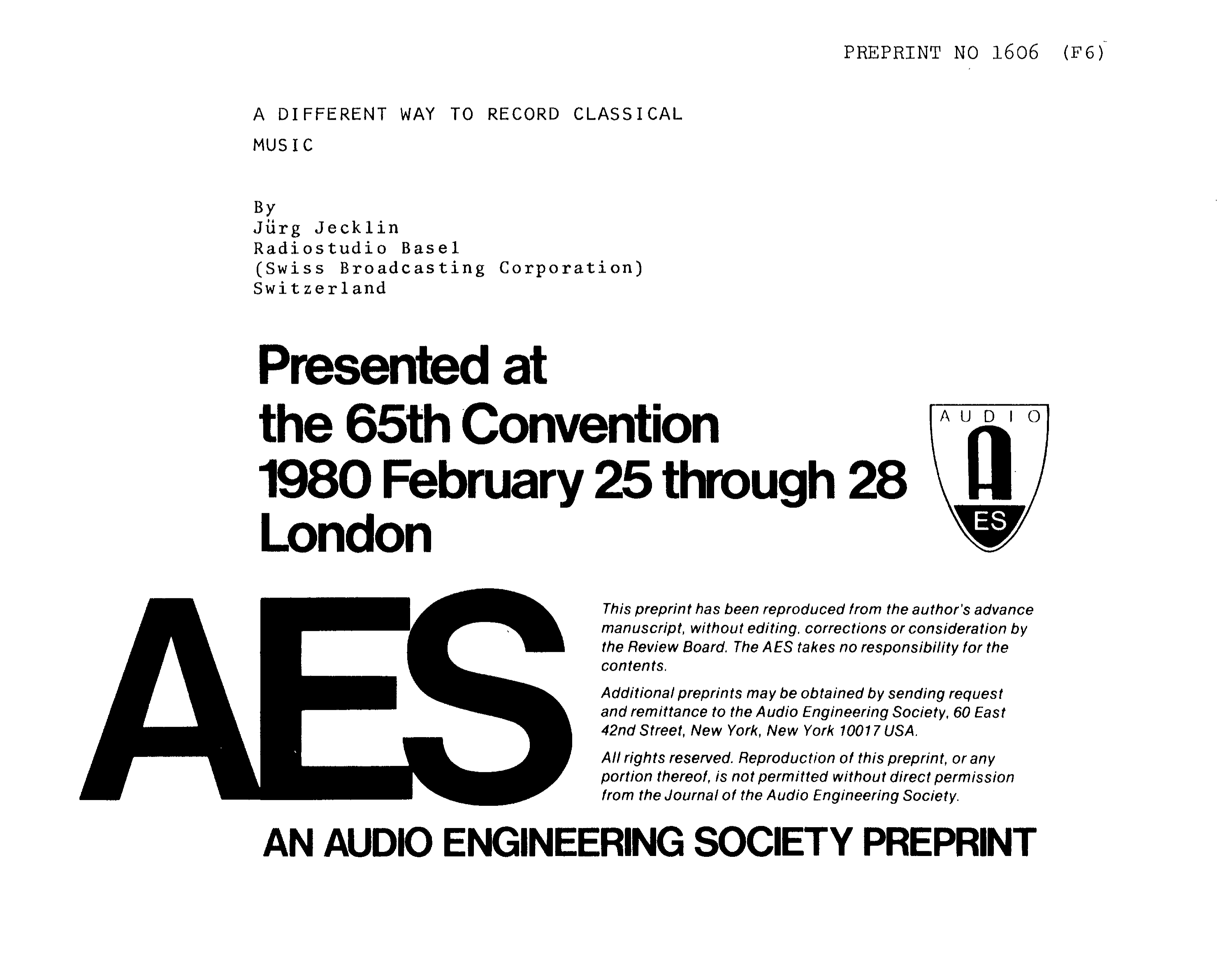 AES E Library A Different Way To Record Classical Music