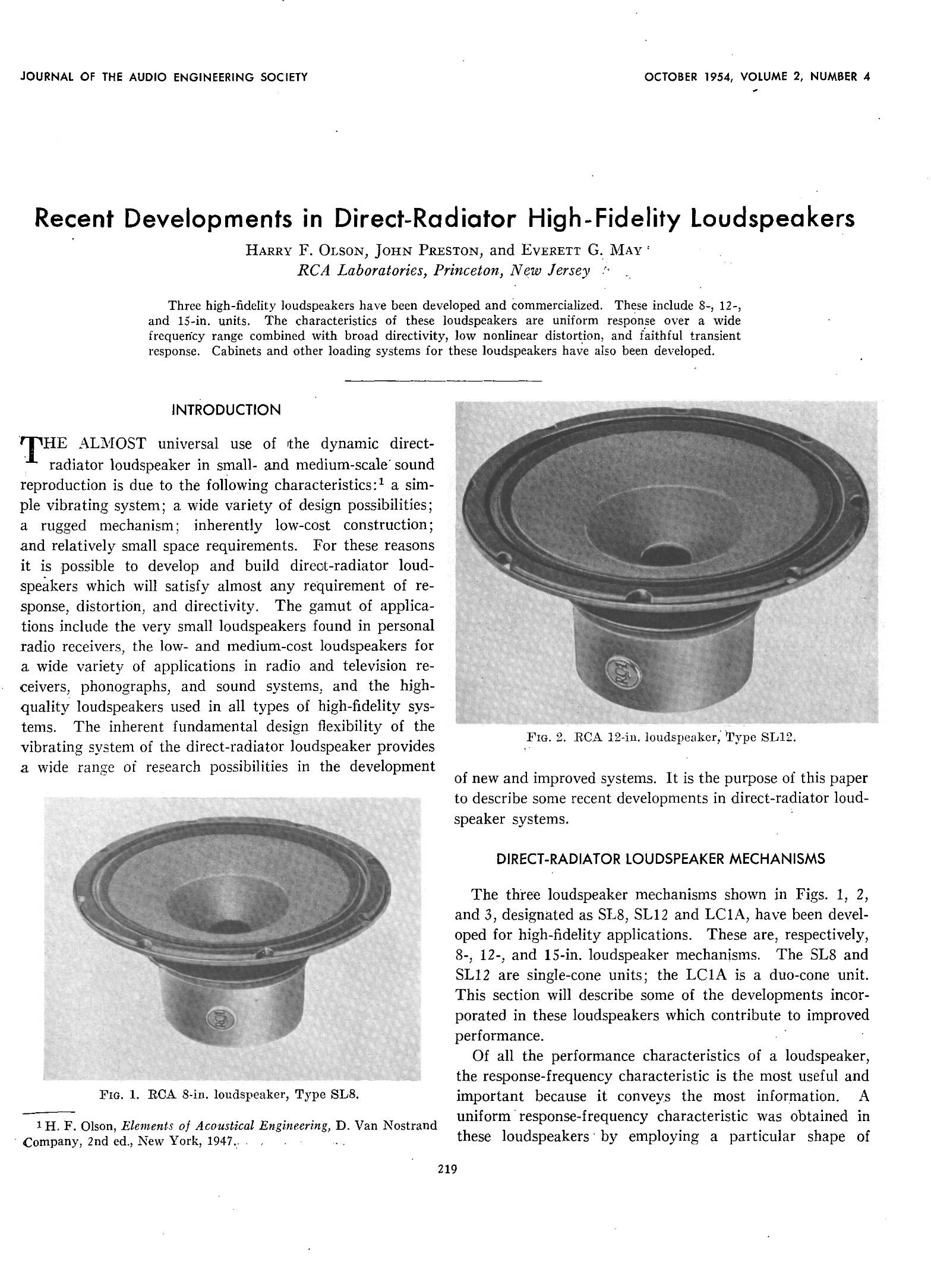 AES ELibrary » Recent Developments in DirectRadiator HighFidelity Loudspeakers