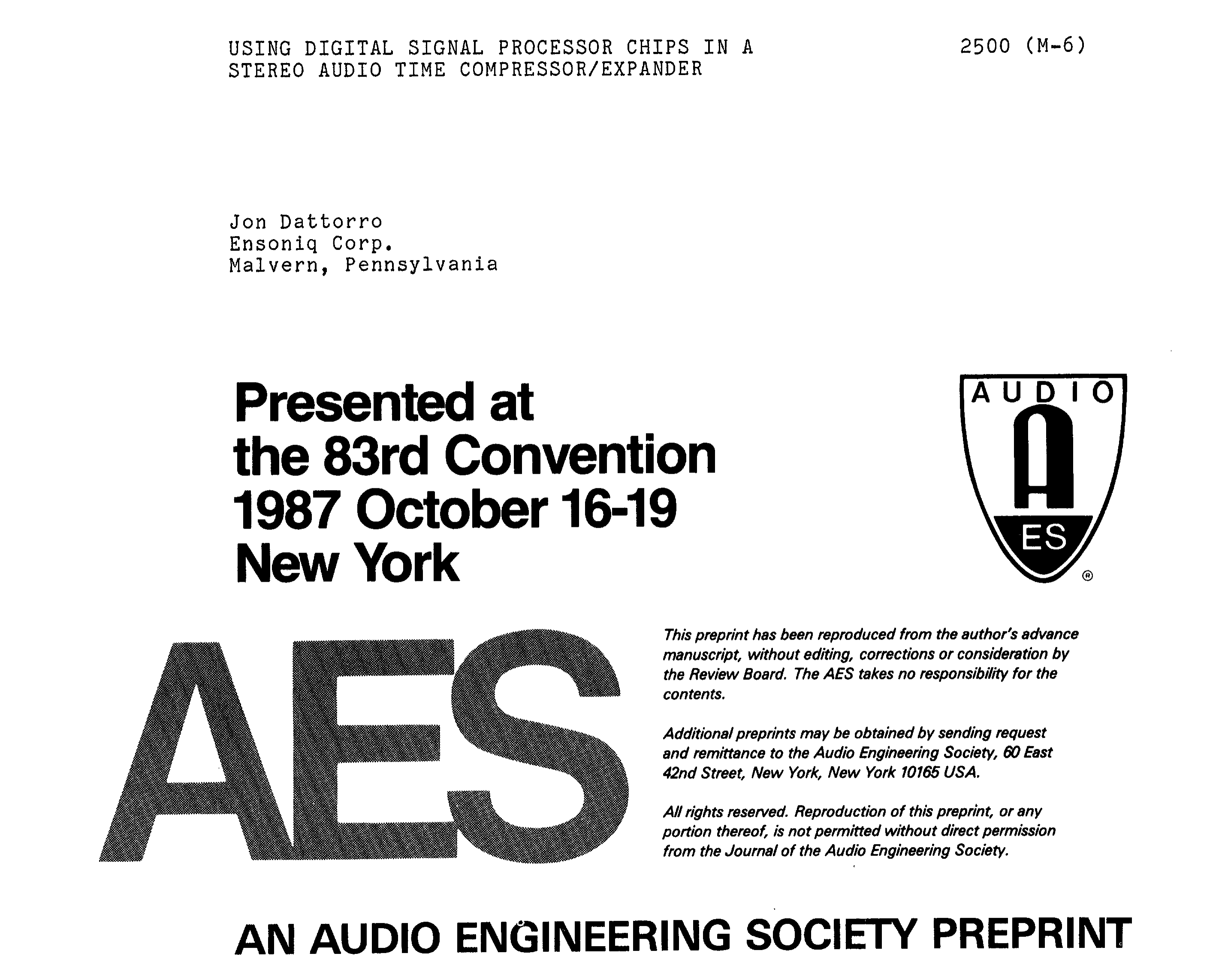 AES E Library Using Digital Signal Processor Chips In A Stereo Audio 