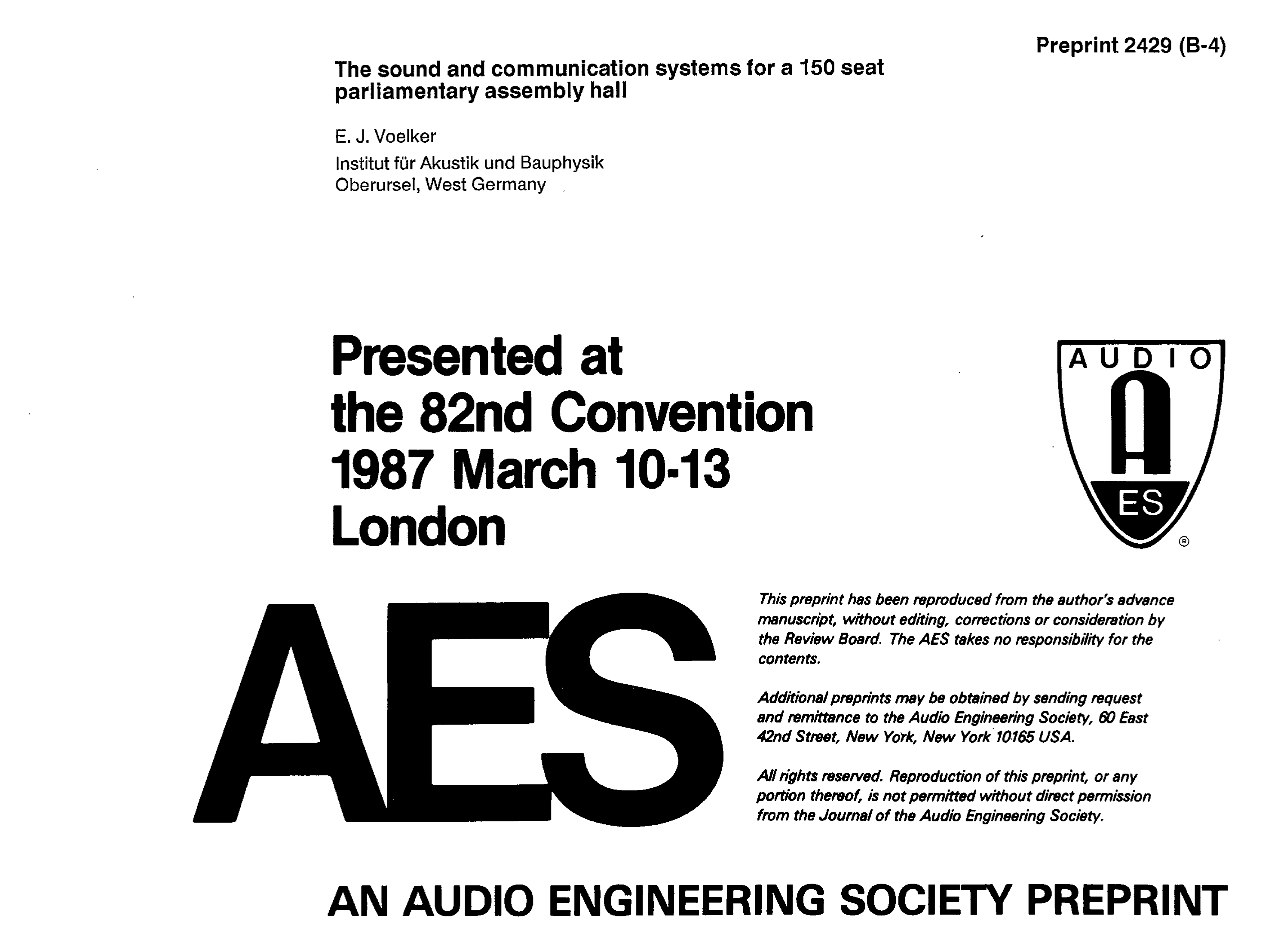 Aes E Library The Sound And Communication Systems For A 150 Seat Parliamentary Assembly Hall