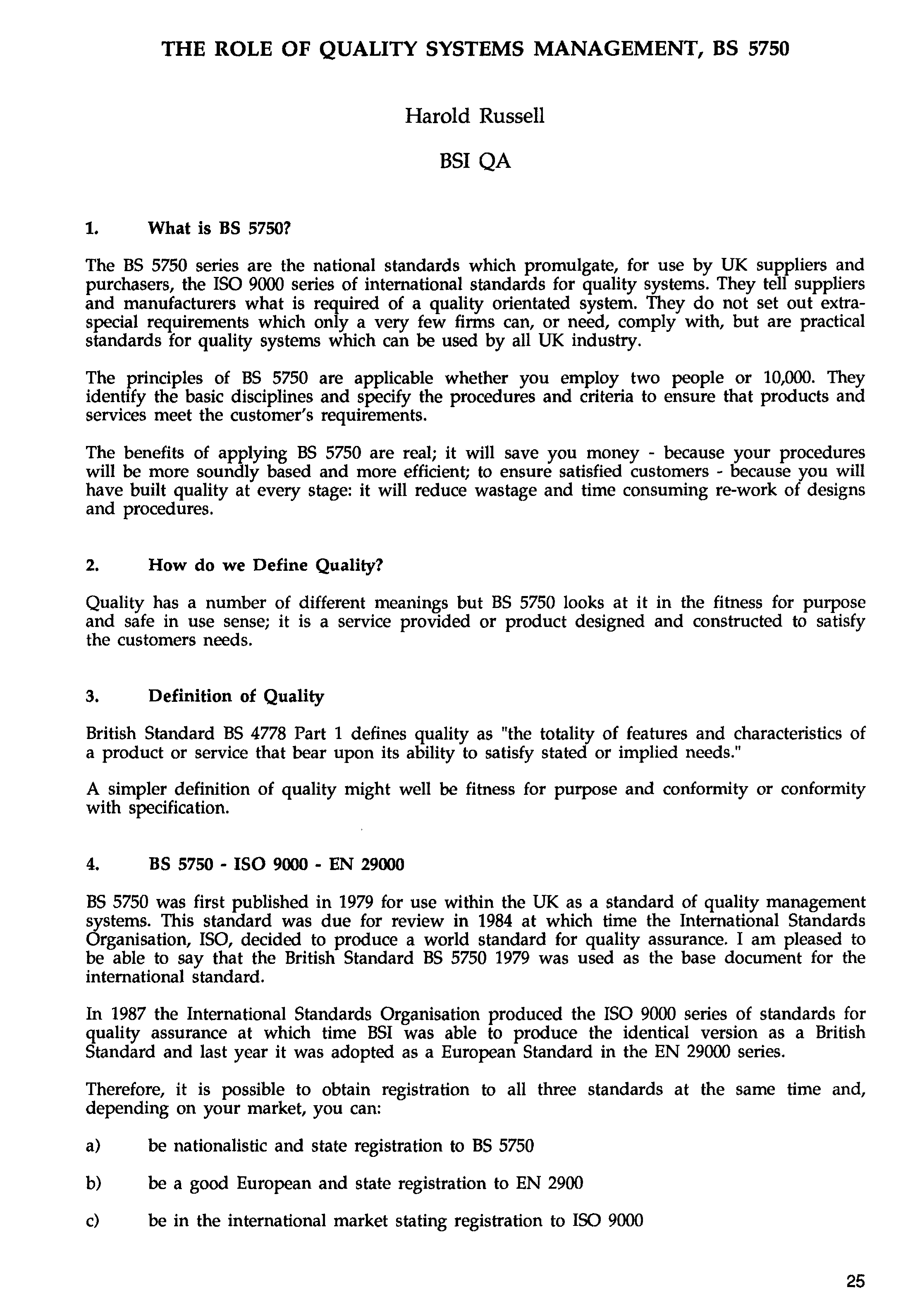 Aes E Library The Role Of Quality Systems Management Bs 5750 - 