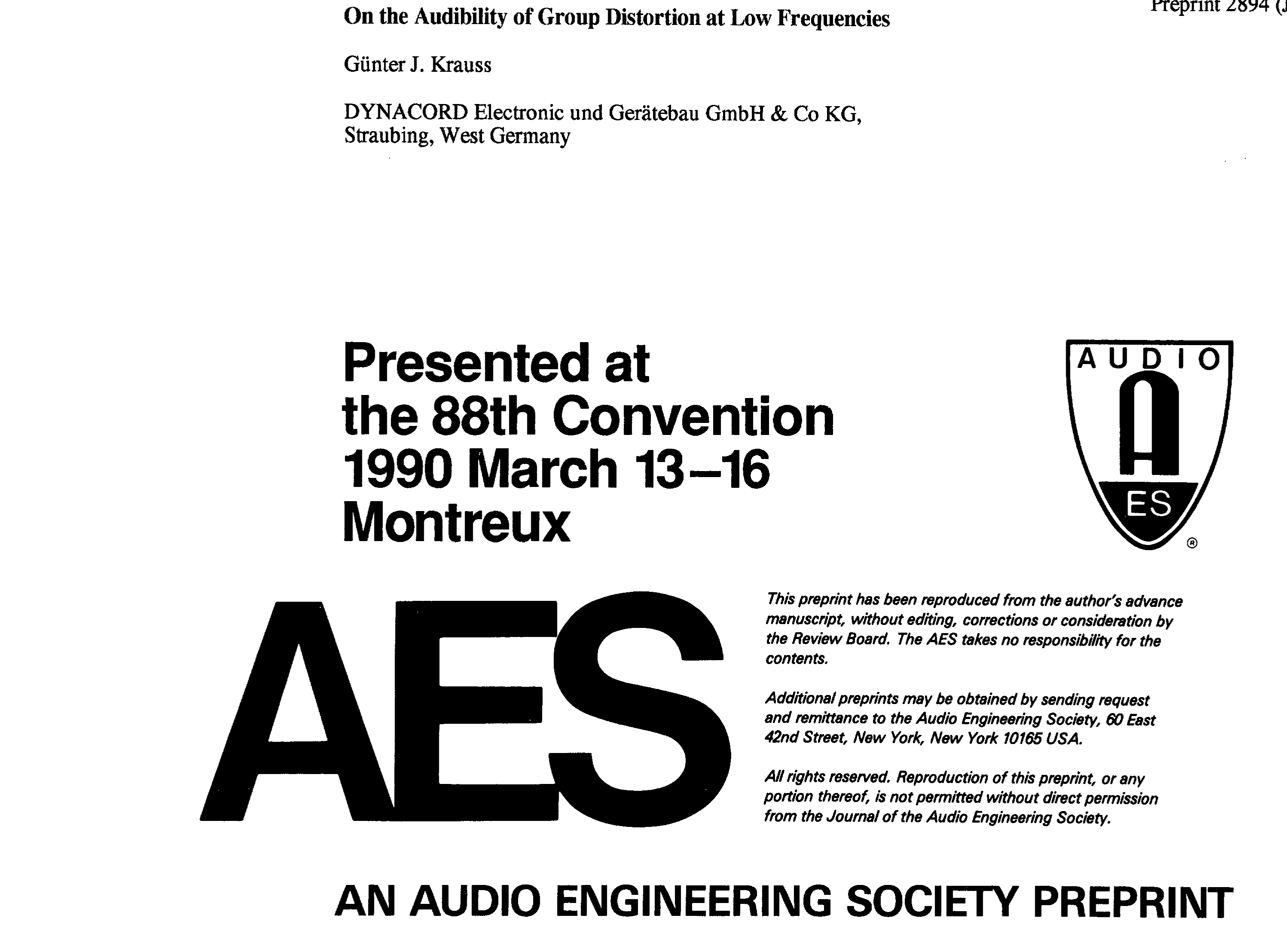 AES ELibrary » On the Audibility of Group Delay Distortion at Low