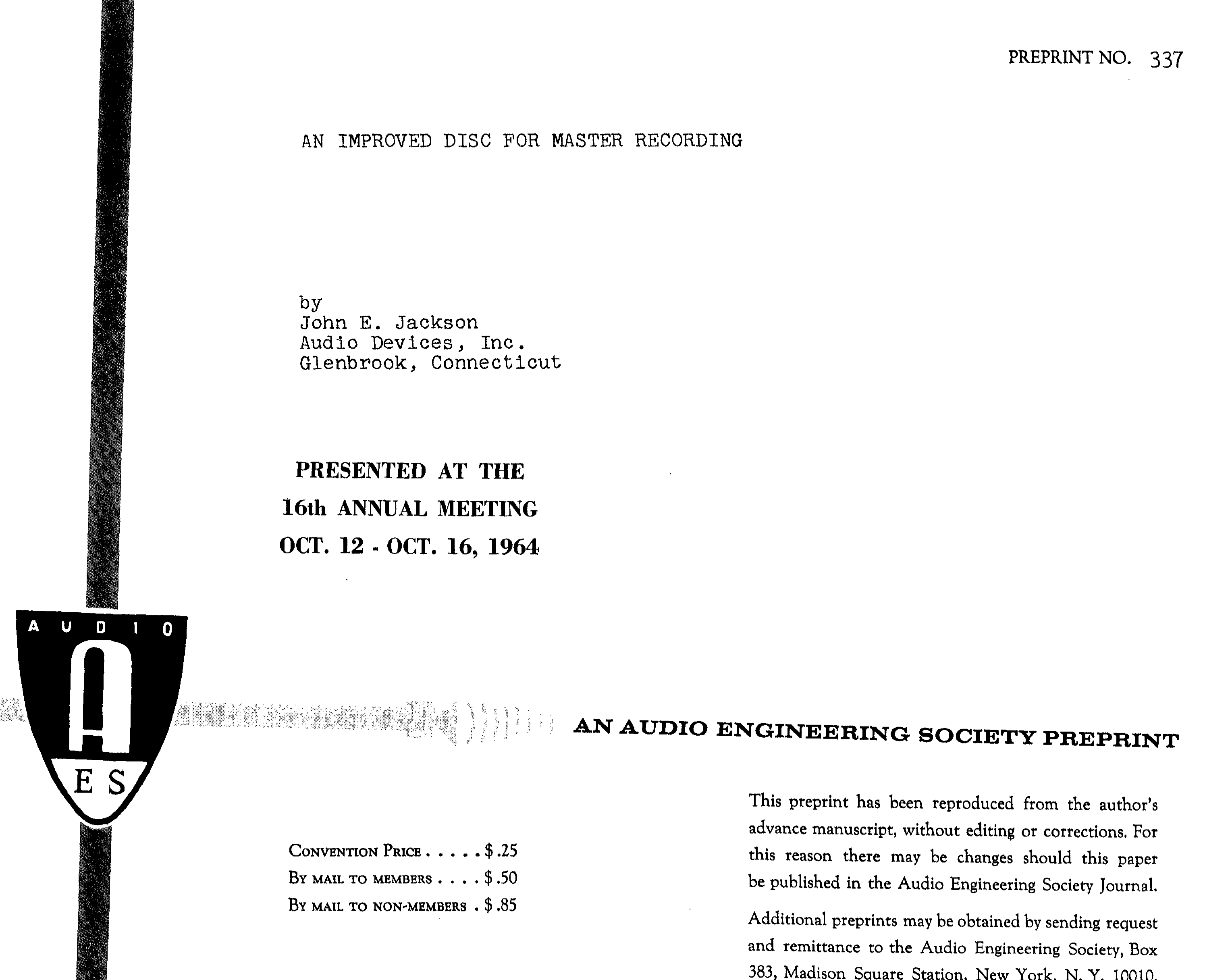 AES ELibrary » An Improved Disc for Master Recording