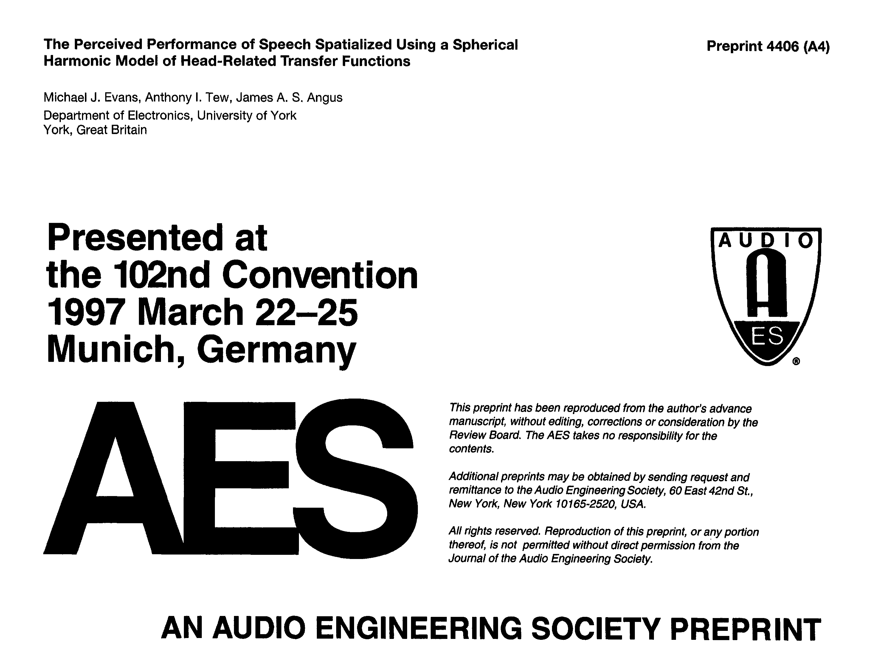 Aes E Library The Perceived Performance Of Spech