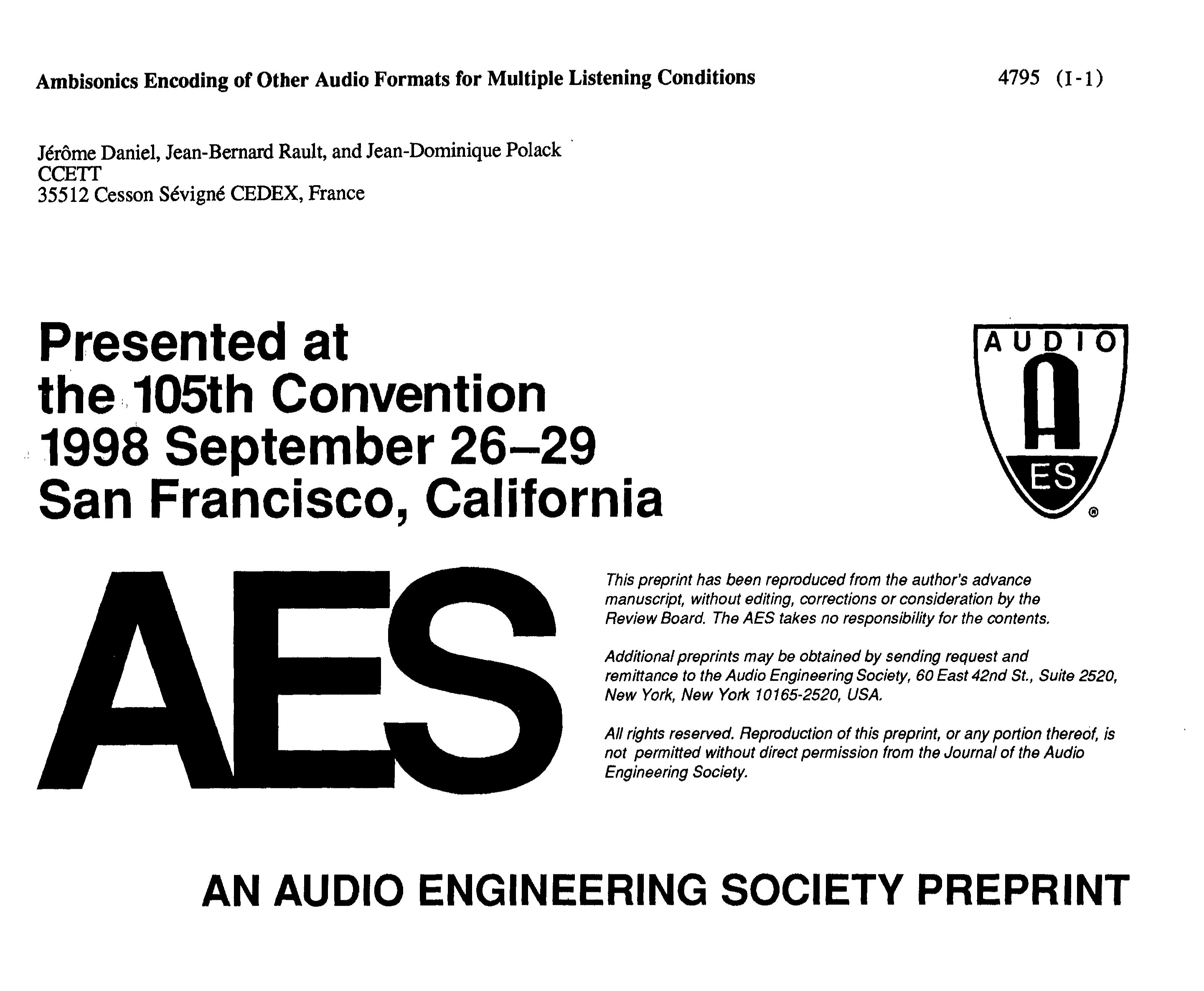 AES E-Library » Ambisonics Encoding of Other Audio Formats for Multiple Listening Conditions