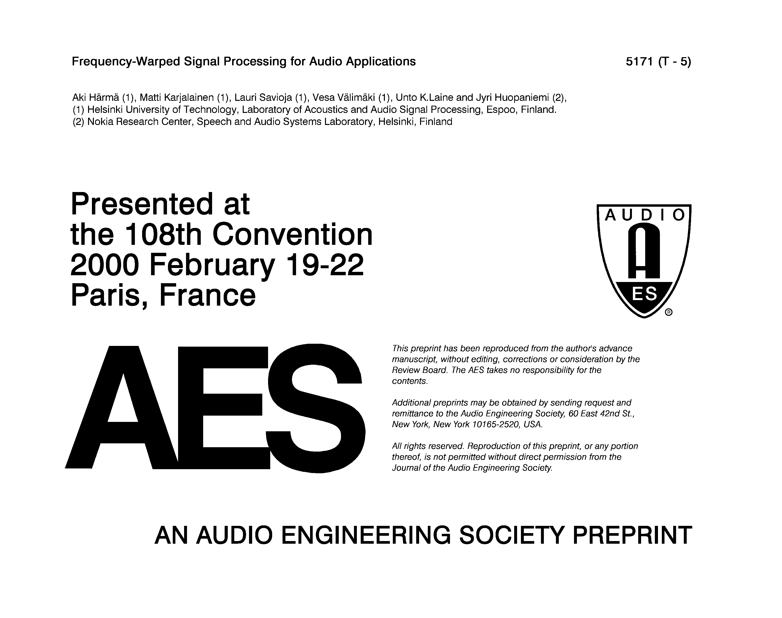 AES ELibrary » FrequencyWarped Signal Processing for Audio Applications