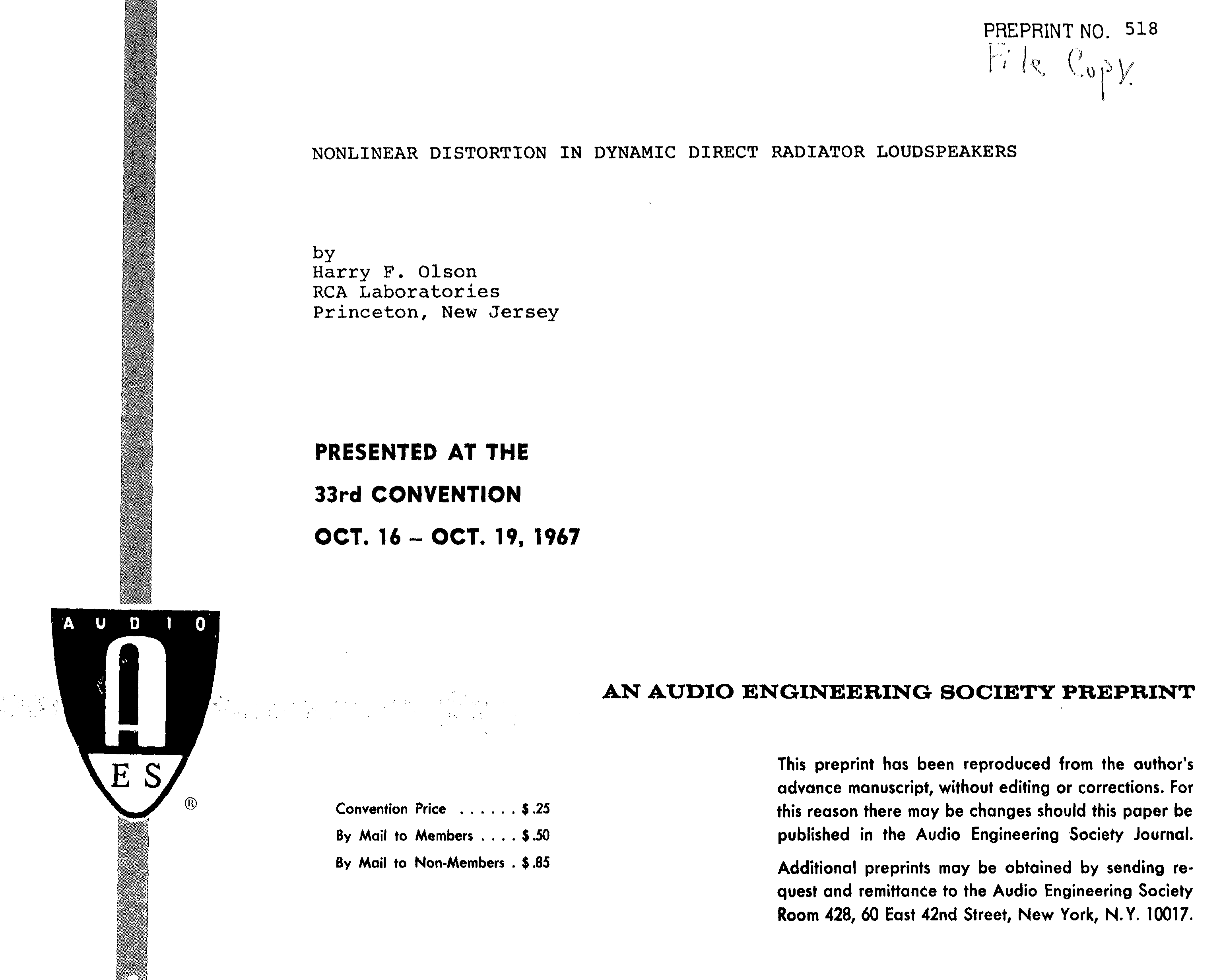 AES ELibrary » Distortion in Dynamic Direct Radiator