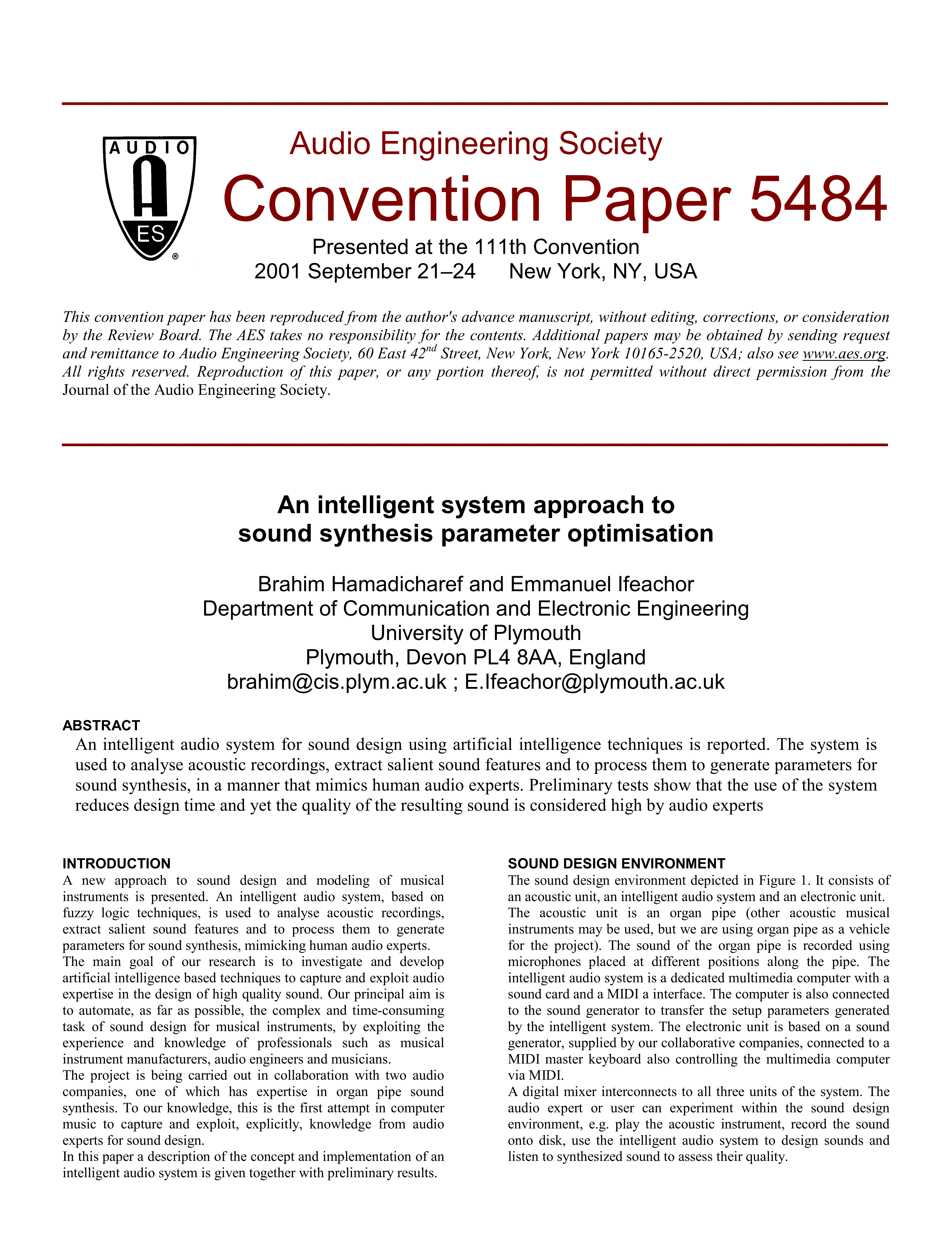 AES E-Library » An Intelligent System Approach to Sound Synthesis ...